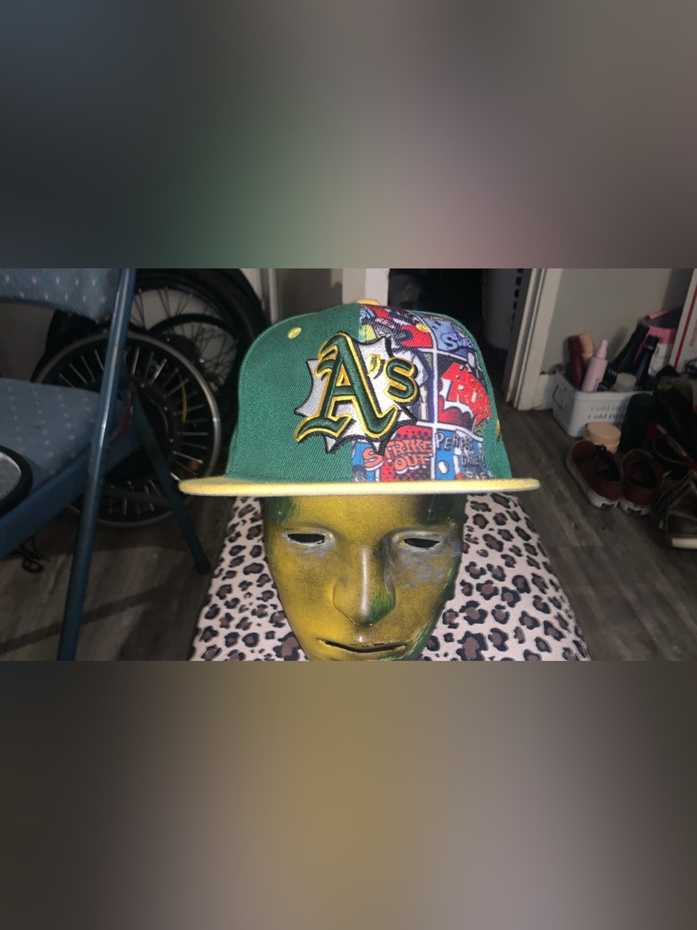 Athletics Green and Yellow Snapback Cap with Comic-Panel Accent